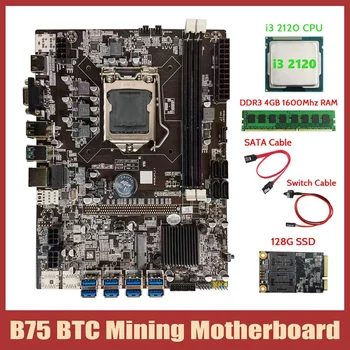 BTC B75 Mineração placa-Mãe+I3 2120 CPU+4GB DDR3 1600 mhz RAM+128G MSATA SSD+Cabo SATA+Cabo de conexão do Interruptor 8XPCIE Para Placa USB