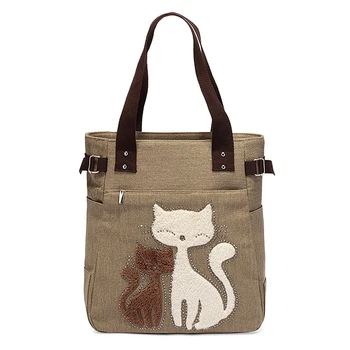 Mulheres messenger bolsa saco de lona com gato bonito comercial pequeno saco de ombro Cáqui